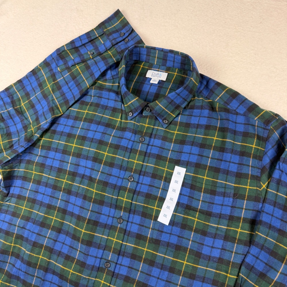 Croft & Barrow Mens XXL Blue Green Plaid Flannel Button Down Shirt 100% Cotton